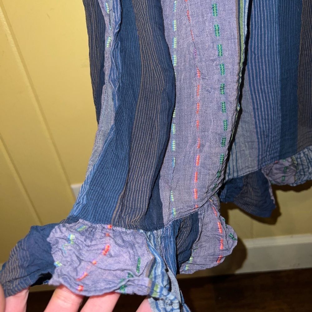 Vintage Blue Stripe Halter Open Back Embroidery Boho Ruffle Maxi Dress Size M - Picture 8 of 11